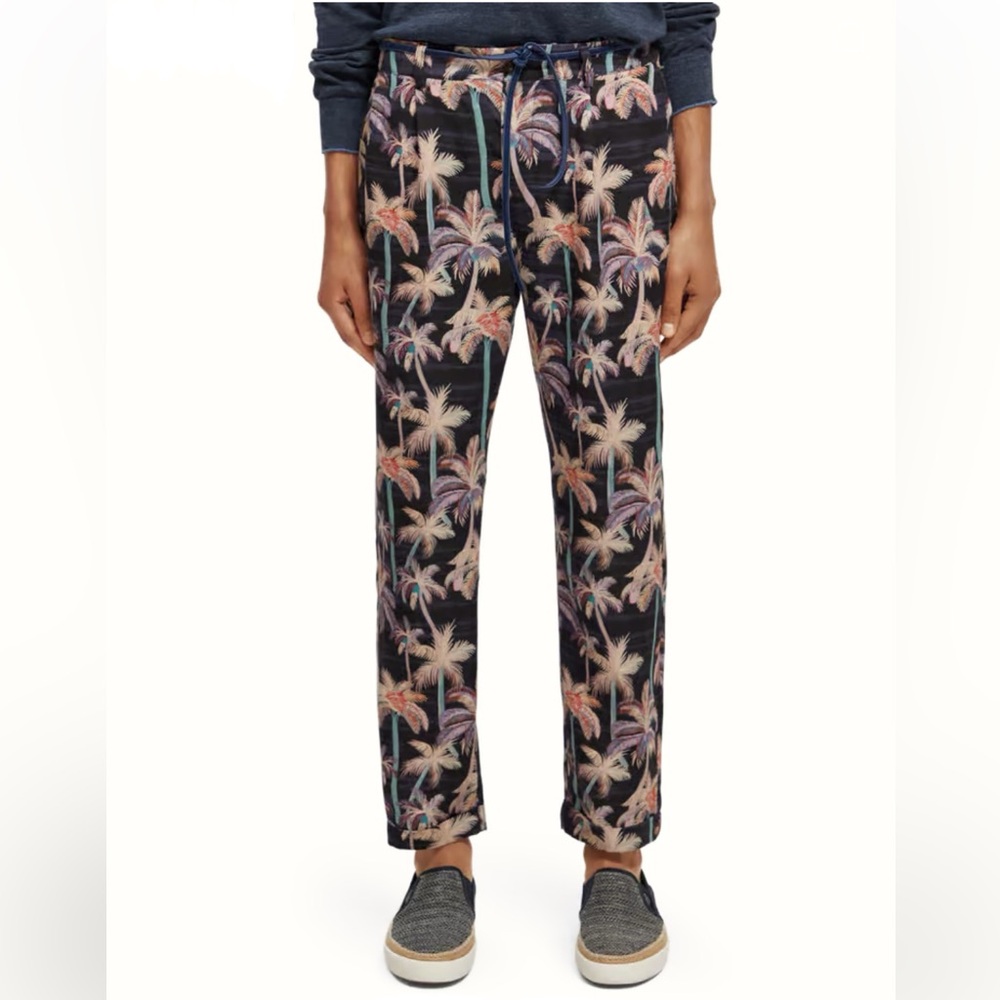Scotch & Soda Twilt Palm Tree Printed Pleated Chino Linen Blend Pant